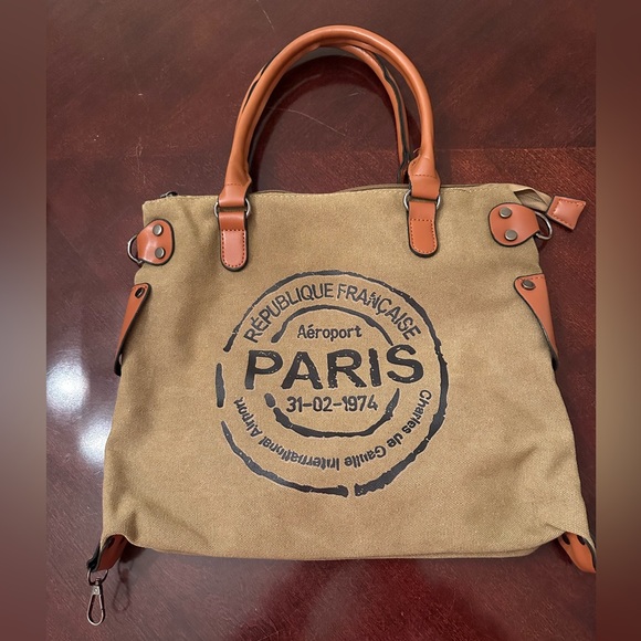 PARIS STAMPED Retro Vintage Canvas Large Tote Bag Purse W/Strap Khaki - Picture 5 of 10